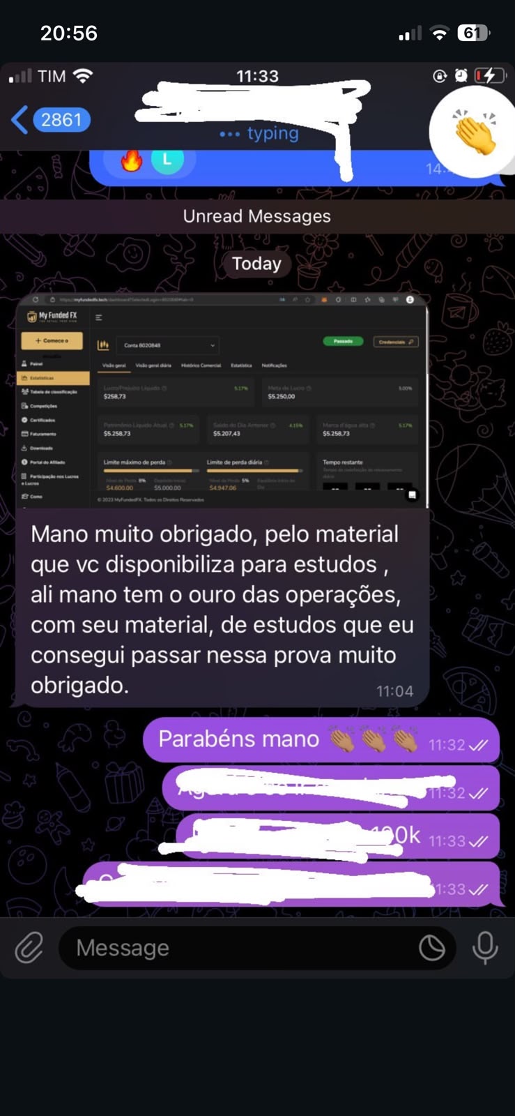 Conversa em que um aluno agradece pelo material de estudo depois de passar na avaliação da My Funded FX