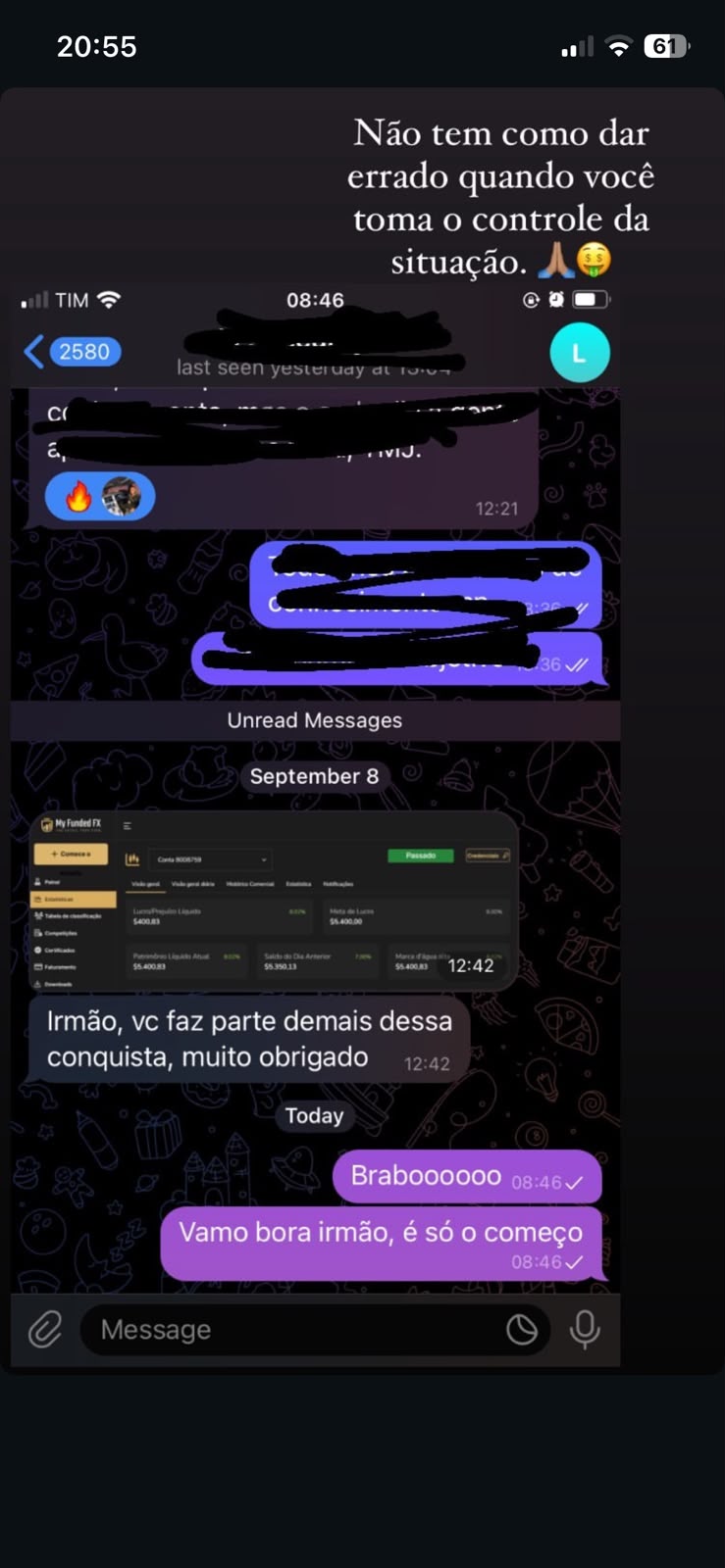 Conversa em que um aluno agradece depois de passar na avaliação da My Funded FX
