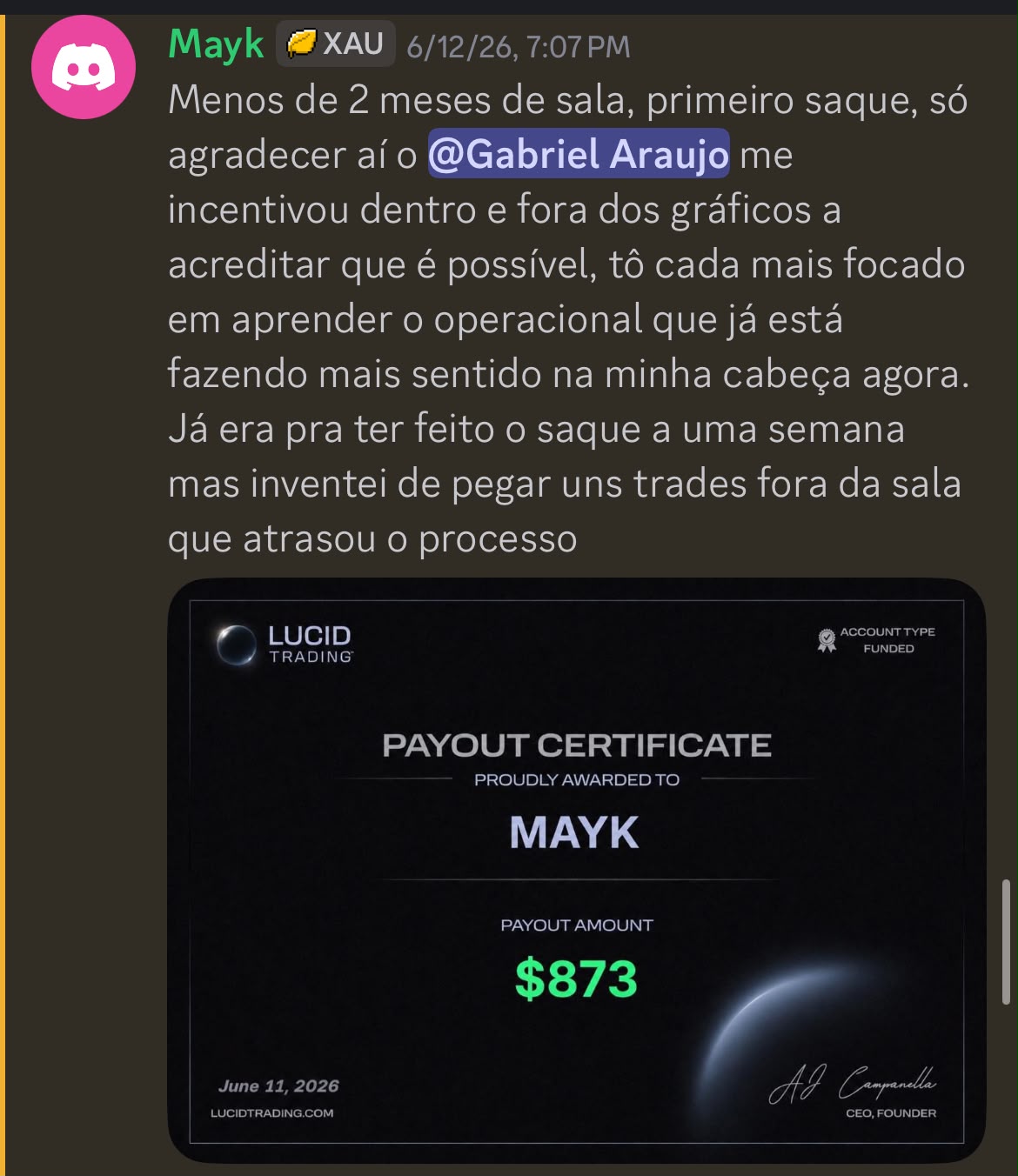 Certificado de saque da Lucid Trading de 873 dólares para o aluno Mayk em 11/06/2026