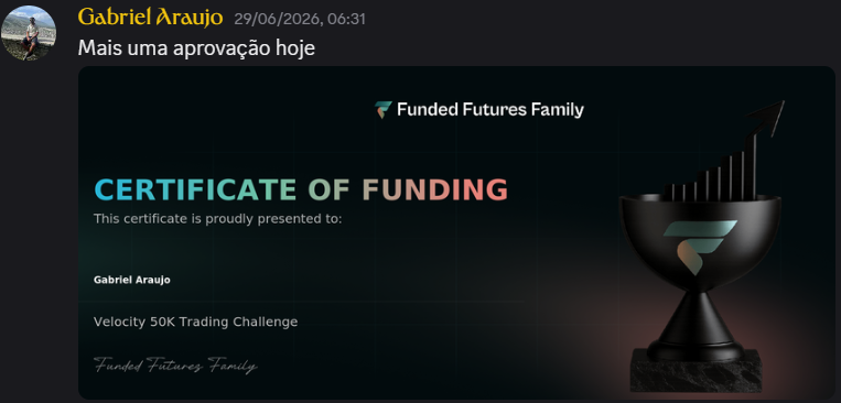 Certificado de aprovação da Funded Futures Family para Gabriel Araujo na avaliação Velocity 50K, em 29/06/2026