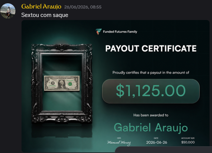 Certificado de saque da Funded Futures Family de 1.125 dólares para Gabriel Araujo em 26/06/2026, conta de 50 mil