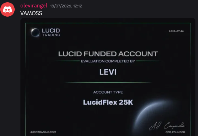Certificado da Lucid Trading: avaliação LucidFlex 25K concluída pelo membro Levi em 14/07/2026, postado no Discord